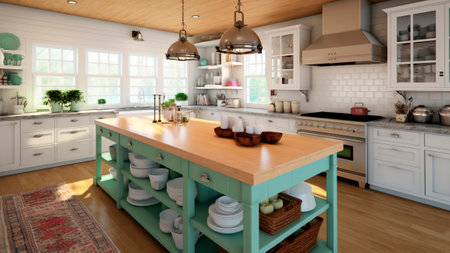 A modern kitchen in a country house with green furniture in shabby chic design.の素材