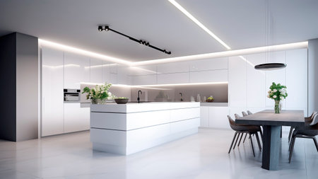 White modern kitchen in a house with a minimalist design.の素材