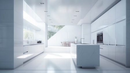 A white modern kitchen in a house with a minimalist design.の素材
