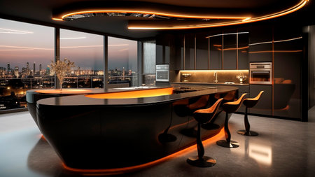 A dark kitchen with orange leds lights in Futuristic style.の素材