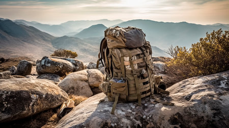 Hiking backpack on a rock in the mountains. Travel and adventure concept.の素材