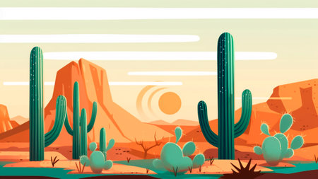 Desert landscape with cactuses and mountains.の素材
