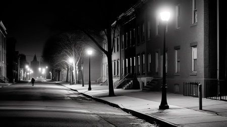 Lampposts illuminating an empty street at night.の素材