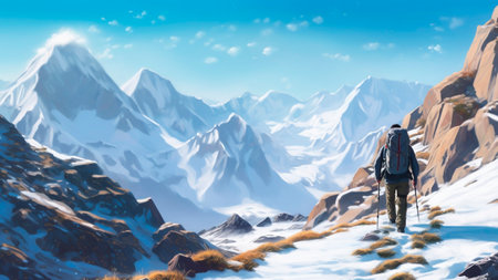 Hiker with a backpack on the background of snowy mountains.の素材