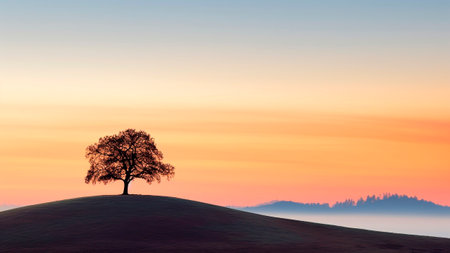 A silhouette of a lone tree on a hill at sunrise.の素材