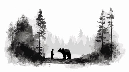 Silhouette of a boy and a bear in the forest.の素材
