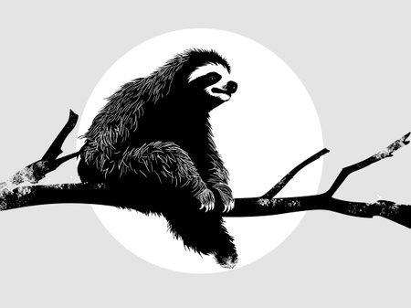 Silhouette of sloth sitting on a tree branch.の素材