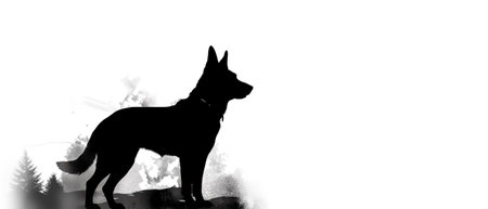 Silhouette of a German shepherd dog on a white background with a copy space for text.の素材