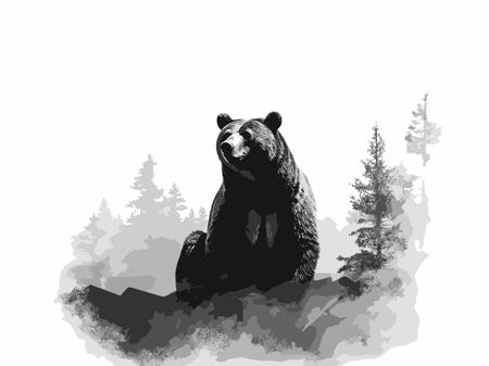 Black bear in the forest on a white background. Black and white illustration.の素材