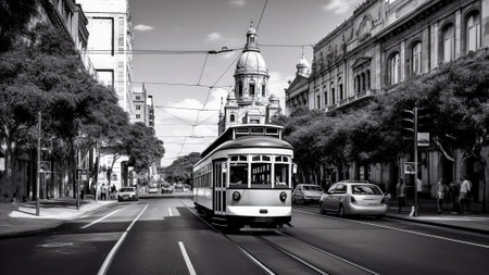 A vintage streetcar on a street with colonial buildings.の素材