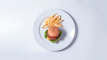 Top view of a Hamburger with french fries on white plate.の素材