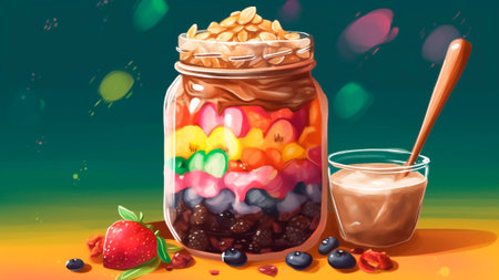 Glass jar full of colorful candies, oats and berries. Illustration.の素材