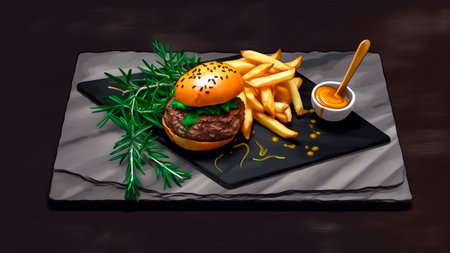Hamburger with french fries and sauce.の素材