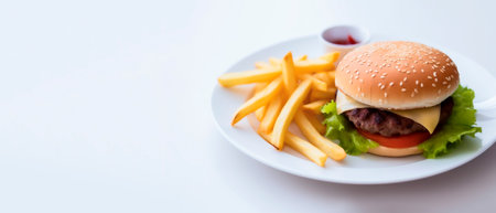 Hamburger and french fries on white background with copy space.の素材