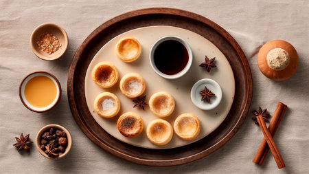 Tasty russian pancakes with honey and spices on table, top viewの素材