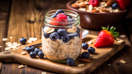 Oatmeal with fresh berries in a glass jar on a wooden table.の素材