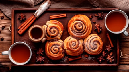 Cinnamon buns and cup of hot tea on a wooden table.の素材
