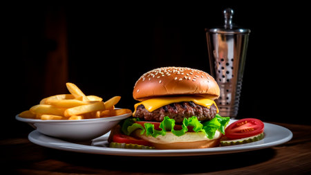 Cheese burger - American cheese burger with Golden French fries on wooden table.の素材
