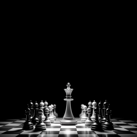 A chess pieces on a chessboard on black background with copy space.の素材