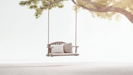 Wooden swing hanging on the tree.の素材