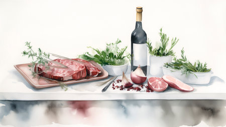 Romantic dinner with red wine, meat and vegetables on table against white background. Watercolor painting.の素材