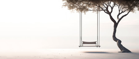 A lone swing hanging gracefully from a tree branch. Copy space.の素材