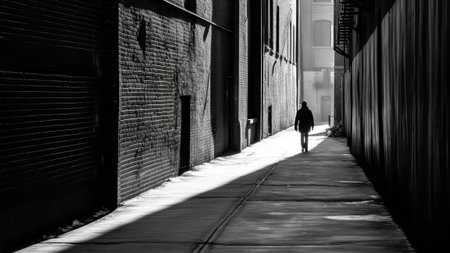 A black and white image of a lone figure walking in a dark alley.の素材