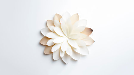A flower with white petals on white background, top view. Floral background.の素材