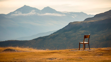 A lone wooden chair in the mountains at sunset. Beautiful natural background.の素材