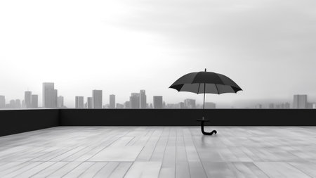 Black umbrella on the terrace with city view.の素材