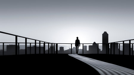 Silhouette of a man walking on a on top of a building.の素材