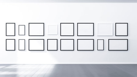 Modern white gallery interior with empty frames on wall. Mockup.の素材