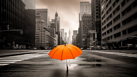 An orange umbrella on the streets of city.の素材