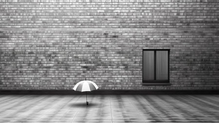 Conceptual image of an empty sidewalk with a window and an umbrella.の素材