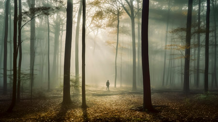 Silhouette of a man walking through a foggy forest.の素材