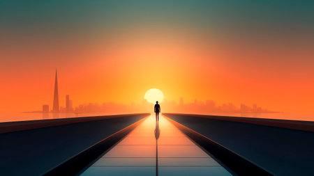 Silhouette of a man walking on the bridge leading to the sun.の素材