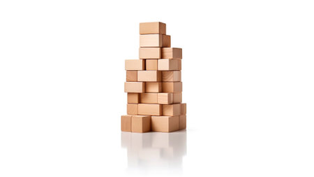 Stack of wooden blocks forming a tower isolated on white background.の素材