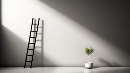 A simple composition of a plant and a lone ladder leaning against a wall.の素材
