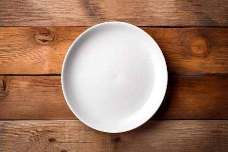 Empty plate on wooden table background.の素材