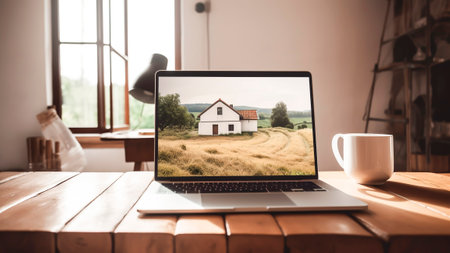 Laptop displaying an agricultural landscape and a cup coffee on a wooden table.の素材