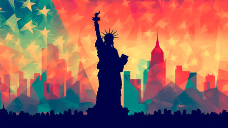 Silhouette of New York City skyline with the Statue of Liberty. Illustration.の素材