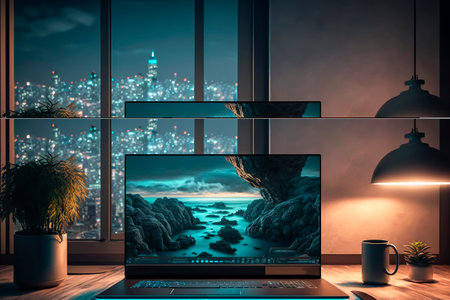 Laptop and coffee cup on wooden table with view of the city.の素材