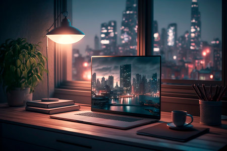 Laptop and coffee cup on wooden table with city view at night.の素材