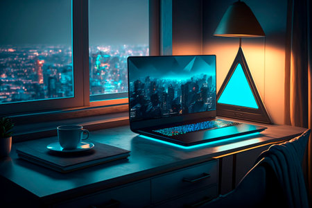 Laptop on the table in the room with a view of the city.の素材