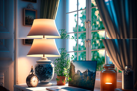 A home office with lamp and laptop on the windowsill.の素材