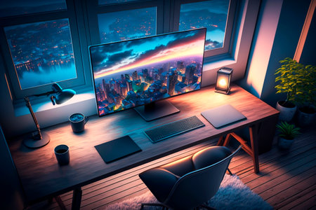 Computer on the table in the room with a view of the city.の素材