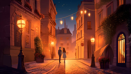 Couple in love walking a European street in the old town at night. Illustration.の素材