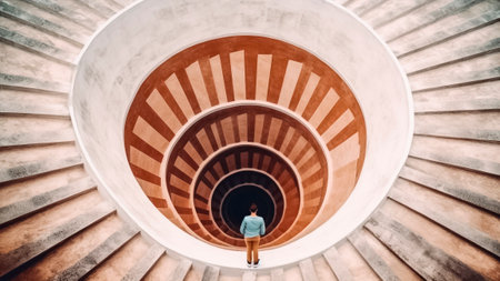A lone figure looking in front spiral staircase leading down into a tunnel from another dimension.の素材