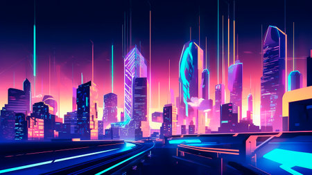 Night city landscape with neon lights and high-rise buildings. Illustration.の素材