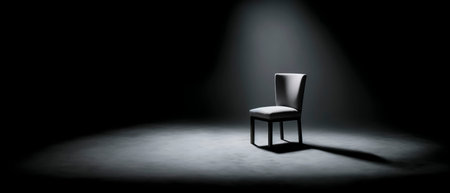 A lone black chair in dark room with spotlight.の素材